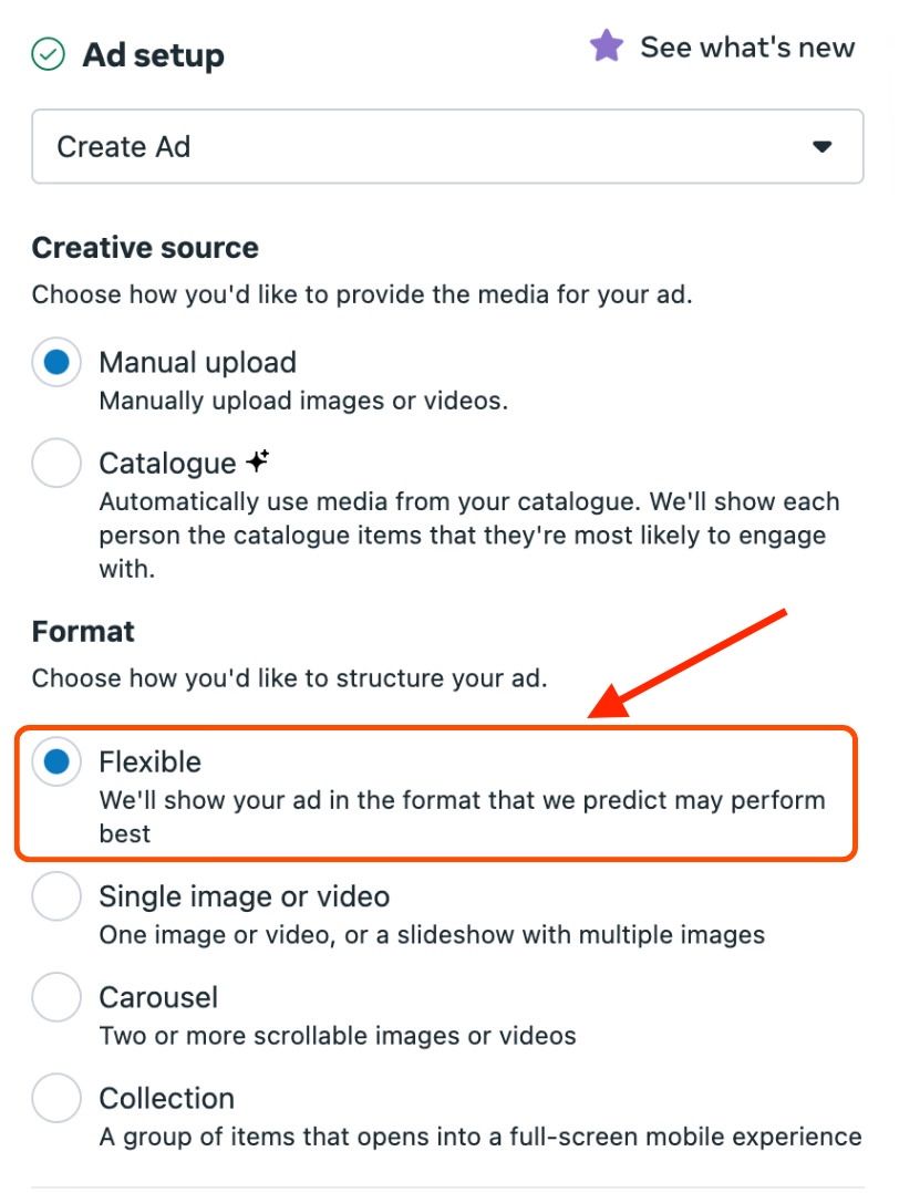 Meta Ads Manager ad setup screen with Creative source and Format options, Flexible selected as the default format