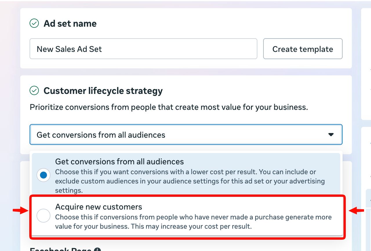 Customer Lifecycle Strategy setting in a Meta Ads Manager Sales ad set, with Get conversions from all audiences and Acquire new customers options